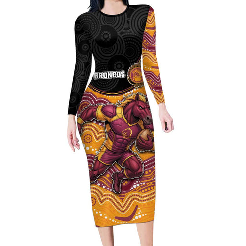 Custom Broncos Long Sleeve Bodycon Dress Horse Mascot With Aboriginal Indigenous