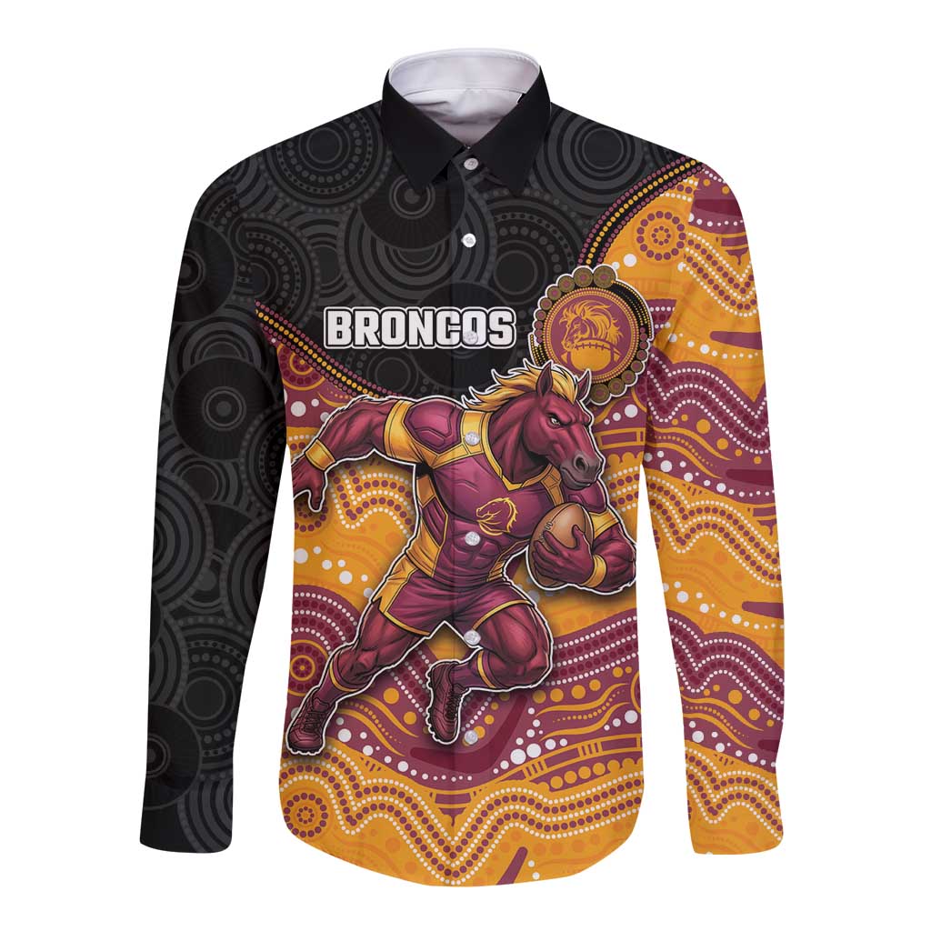Custom Broncos Long Sleeve Button Shirt Horse Mascot With Aboriginal Indigenous