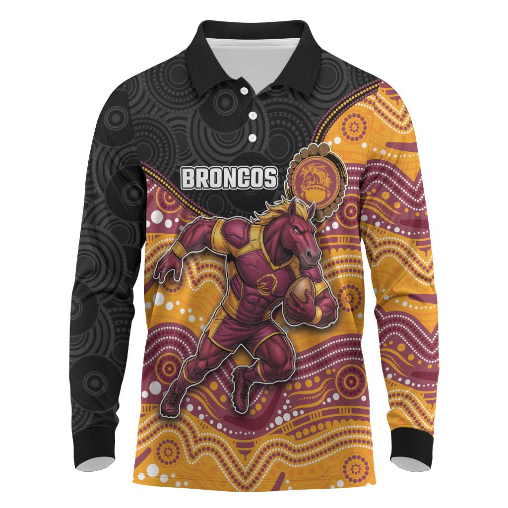 Custom Broncos Long Sleeve Polo Shirt Horse Mascot With Aboriginal Indigenous