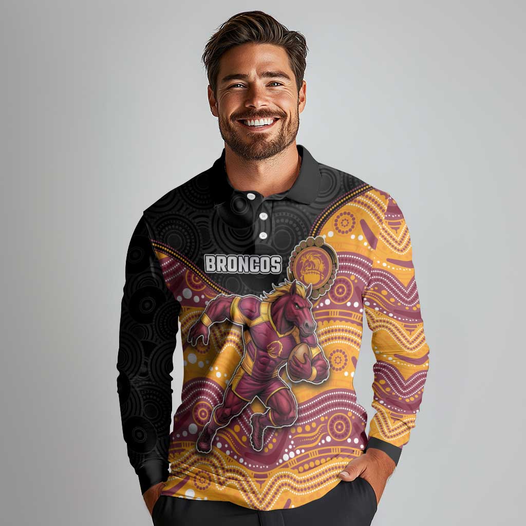 Custom Broncos Long Sleeve Polo Shirt Horse Mascot With Aboriginal Indigenous