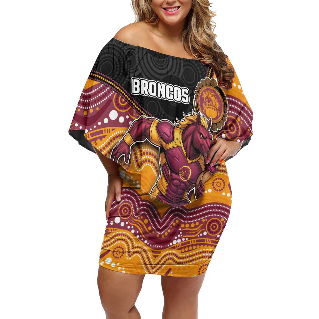 Custom Broncos Off Shoulder Short Dress Horse Mascot With Aboriginal Indigenous