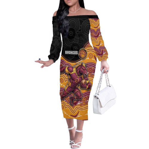 Custom Broncos Off The Shoulder Long Sleeve Dress Horse Mascot With Aboriginal Indigenous