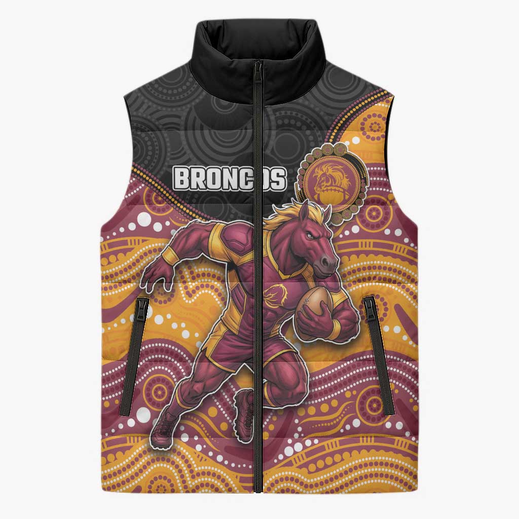 Custom Broncos Sleeveless Puffer Jacket Horse Mascot With Aboriginal Indigenous