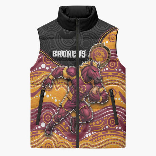 Custom Broncos Sleeveless Puffer Jacket Horse Mascot With Aboriginal Indigenous