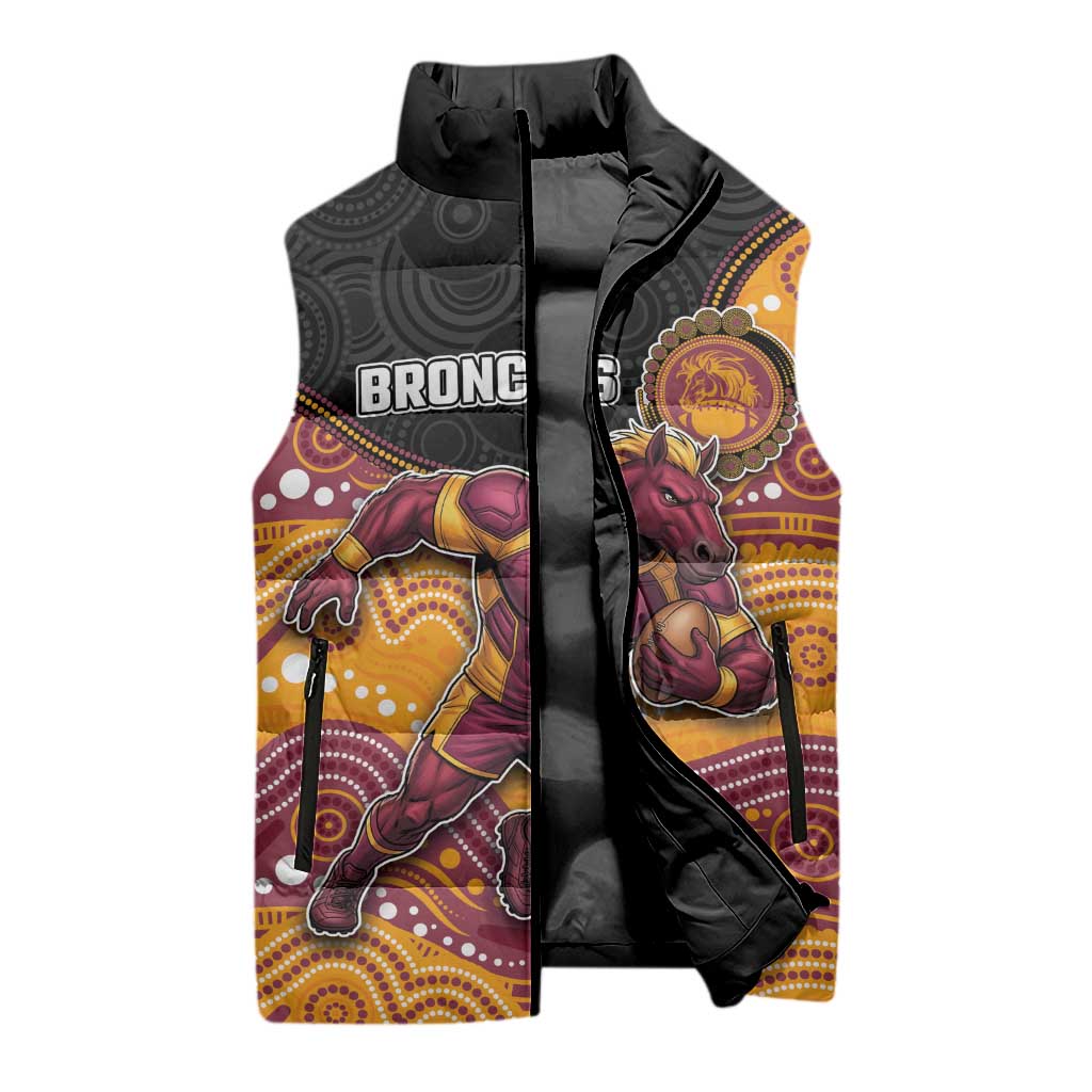 Custom Broncos Sleeveless Puffer Jacket Horse Mascot With Aboriginal Indigenous