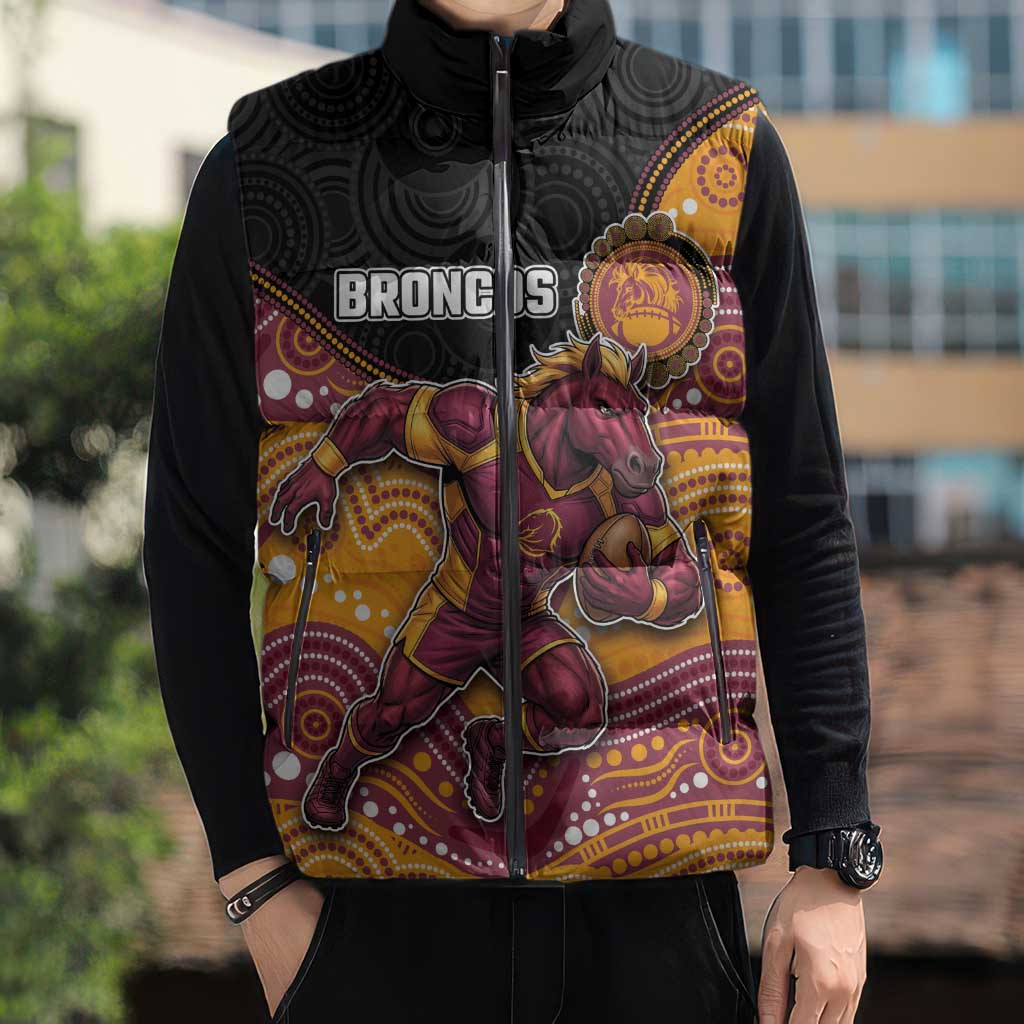 Custom Broncos Sleeveless Puffer Jacket Horse Mascot With Aboriginal Indigenous