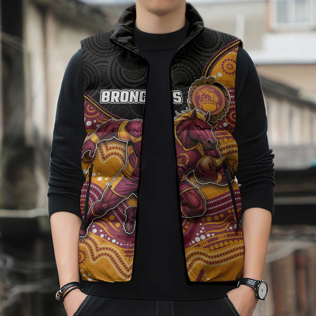 Custom Broncos Sleeveless Puffer Jacket Horse Mascot With Aboriginal Indigenous