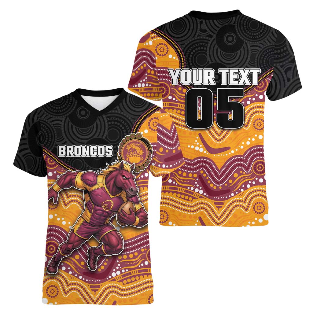 Custom Broncos Women V-Neck T-Shirt Horse Mascot With Aboriginal Indigenous