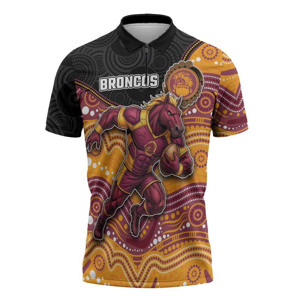 Custom Broncos Zipper Polo Shirt Horse Mascot With Aboriginal Indigenous