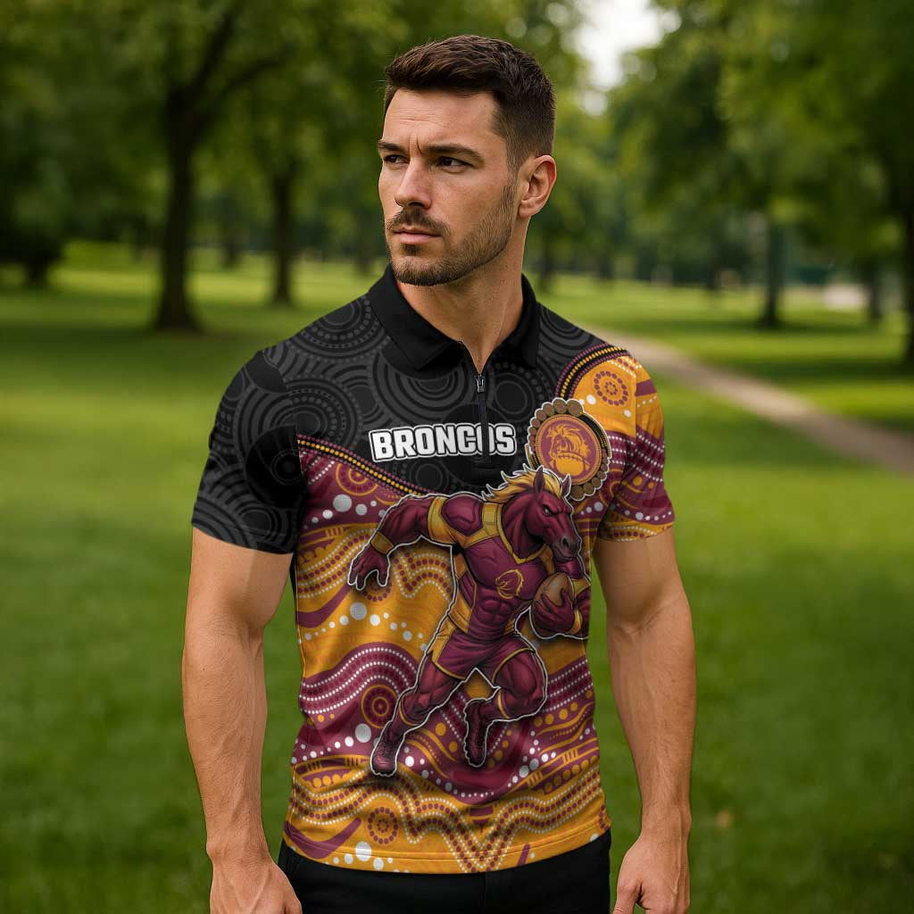 Custom Broncos Zipper Polo Shirt Horse Mascot With Aboriginal Indigenous