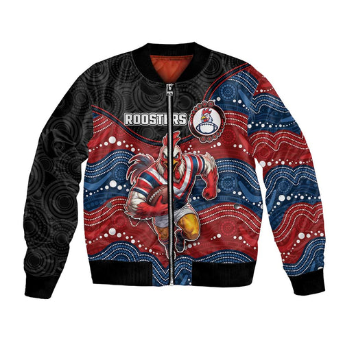Custom Roosters Bomber Jacket Chicken Mascot With Aboriginal Indigenous