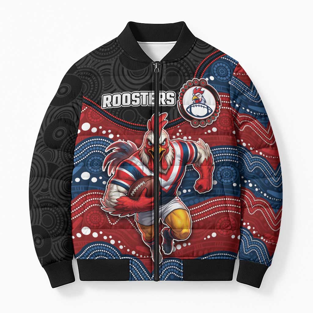 Custom Roosters Bomber Puffer Jacket Chicken Mascot With Aboriginal Indigenous