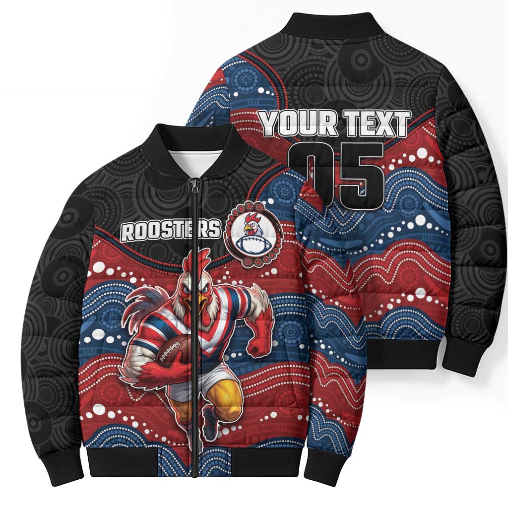 Custom Roosters Bomber Puffer Jacket Chicken Mascot With Aboriginal Indigenous