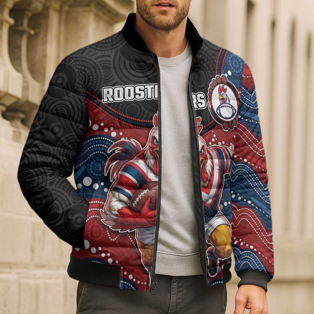 Custom Roosters Bomber Puffer Jacket Chicken Mascot With Aboriginal Indigenous