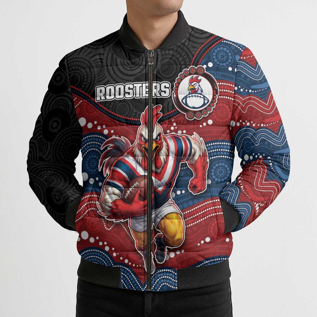 Custom Roosters Bomber Puffer Jacket Chicken Mascot With Aboriginal Indigenous