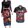 Custom Roosters Couples Matching Long Sleeve Bodycon Dress and Hawaiian Shirt Chicken Mascot With Aboriginal Indigenous