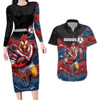 Custom Roosters Couples Matching Long Sleeve Bodycon Dress and Hawaiian Shirt Chicken Mascot With Aboriginal Indigenous