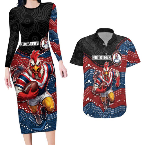 Custom Roosters Couples Matching Long Sleeve Bodycon Dress and Hawaiian Shirt Chicken Mascot With Aboriginal Indigenous