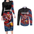 Custom Roosters Couples Matching Long Sleeve Bodycon Dress and Long Sleeve Button Shirt Chicken Mascot With Aboriginal Indigenous