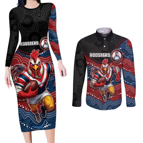 Custom Roosters Couples Matching Long Sleeve Bodycon Dress and Long Sleeve Button Shirt Chicken Mascot With Aboriginal Indigenous