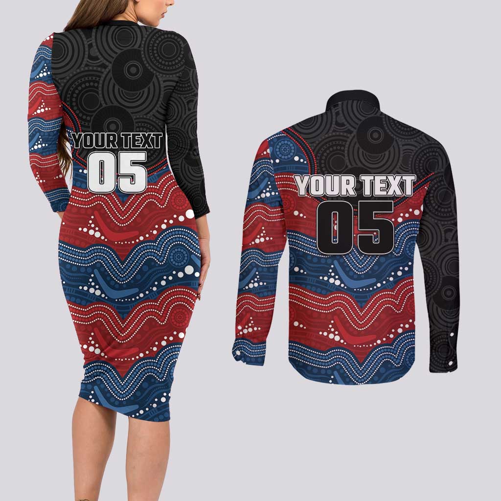 Custom Roosters Couples Matching Long Sleeve Bodycon Dress and Long Sleeve Button Shirt Chicken Mascot With Aboriginal Indigenous