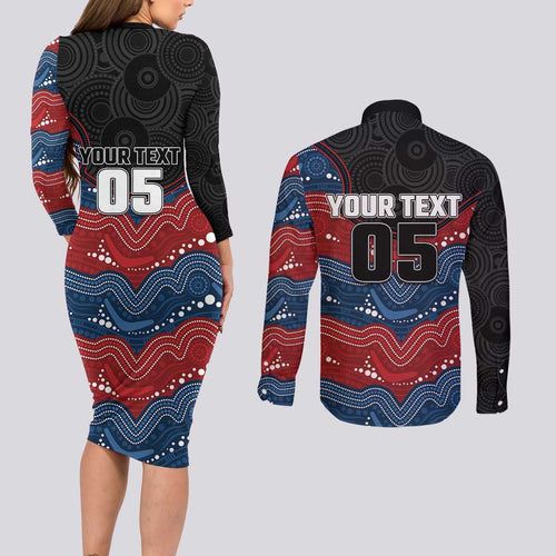 Custom Roosters Couples Matching Long Sleeve Bodycon Dress and Long Sleeve Button Shirt Chicken Mascot With Aboriginal Indigenous