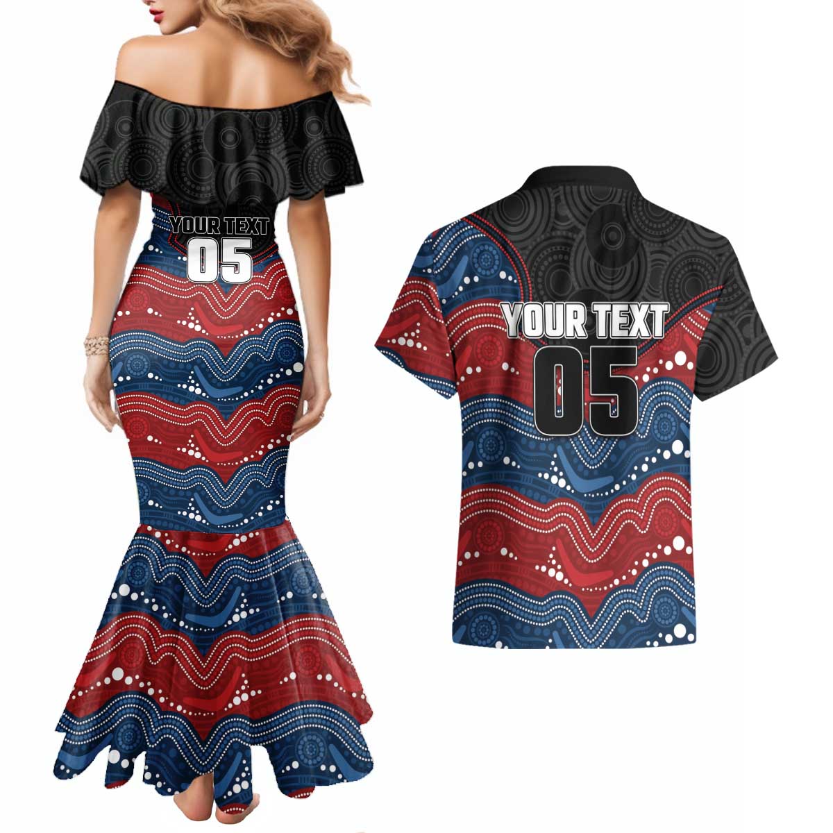 Custom Roosters Couples Matching Mermaid Dress and Hawaiian Shirt Chicken Mascot With Aboriginal Indigenous
