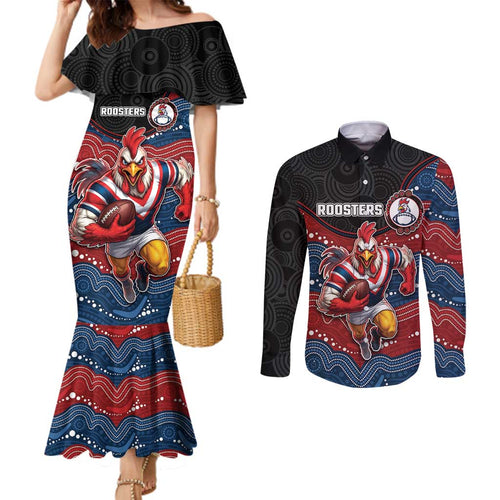 Custom Roosters Couples Matching Mermaid Dress and Long Sleeve Button Shirt Chicken Mascot With Aboriginal Indigenous