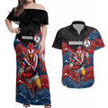 Custom Roosters Couples Matching Off Shoulder Maxi Dress and Hawaiian Shirt Chicken Mascot With Aboriginal Indigenous