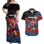 Custom Roosters Couples Matching Off Shoulder Maxi Dress and Hawaiian Shirt Chicken Mascot With Aboriginal Indigenous