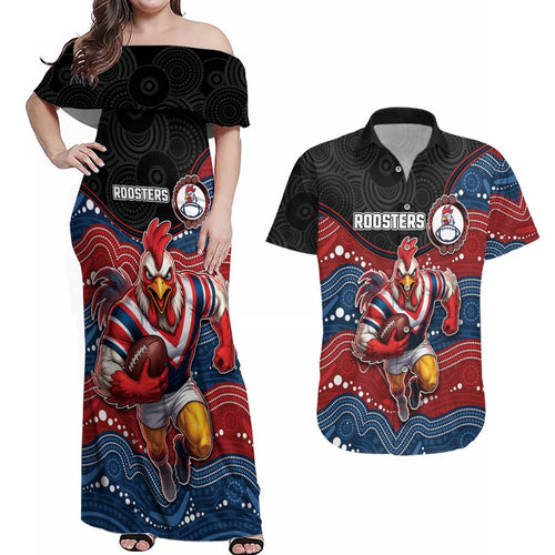 Custom Roosters Couples Matching Off Shoulder Maxi Dress and Hawaiian Shirt Chicken Mascot With Aboriginal Indigenous
