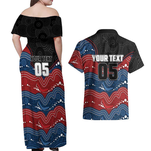 Custom Roosters Couples Matching Off Shoulder Maxi Dress and Hawaiian Shirt Chicken Mascot With Aboriginal Indigenous