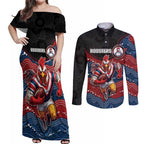 Custom Roosters Couples Matching Off Shoulder Maxi Dress and Long Sleeve Button Shirt Chicken Mascot With Aboriginal Indigenous