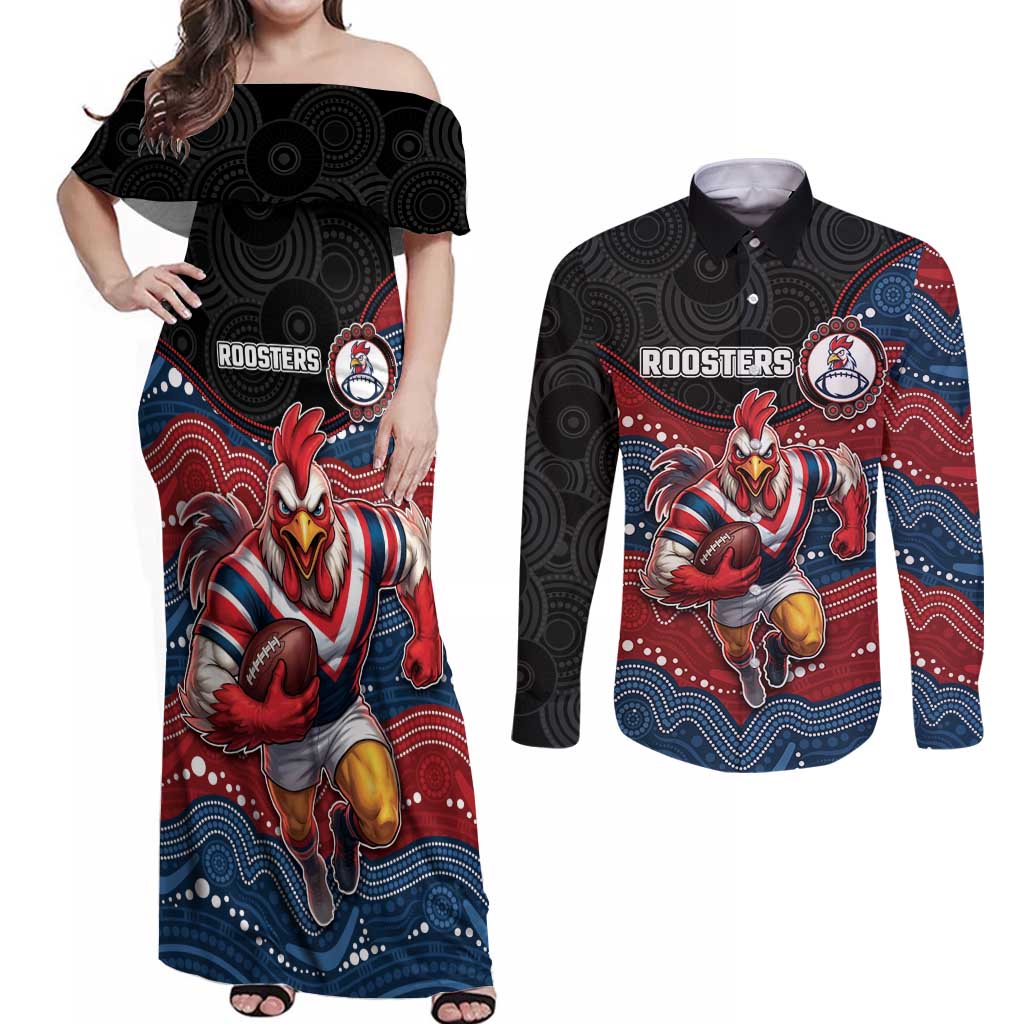 Custom Roosters Couples Matching Off Shoulder Maxi Dress and Long Sleeve Button Shirt Chicken Mascot With Aboriginal Indigenous