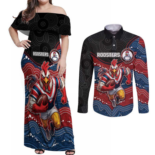Custom Roosters Couples Matching Off Shoulder Maxi Dress and Long Sleeve Button Shirt Chicken Mascot With Aboriginal Indigenous