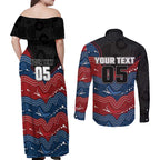 Custom Roosters Couples Matching Off Shoulder Maxi Dress and Long Sleeve Button Shirt Chicken Mascot With Aboriginal Indigenous