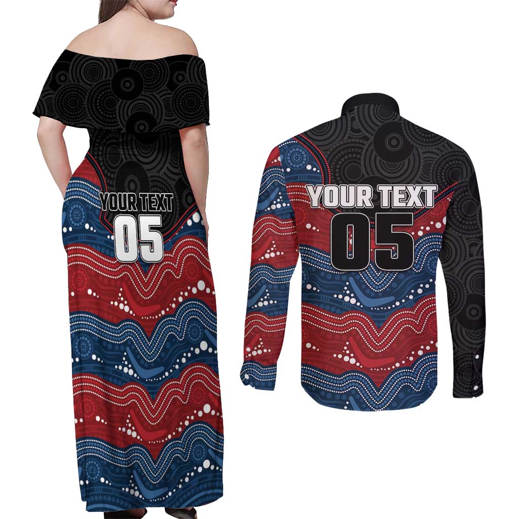 Custom Roosters Couples Matching Off Shoulder Maxi Dress and Long Sleeve Button Shirt Chicken Mascot With Aboriginal Indigenous