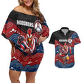 Custom Roosters Couples Matching Off Shoulder Short Dress and Hawaiian Shirt Chicken Mascot With Aboriginal Indigenous
