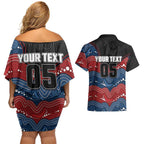 Custom Roosters Couples Matching Off Shoulder Short Dress and Hawaiian Shirt Chicken Mascot With Aboriginal Indigenous