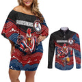 Custom Roosters Couples Matching Off Shoulder Short Dress and Long Sleeve Button Shirt Chicken Mascot With Aboriginal Indigenous