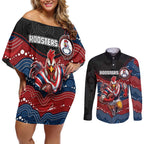 Custom Roosters Couples Matching Off Shoulder Short Dress and Long Sleeve Button Shirt Chicken Mascot With Aboriginal Indigenous