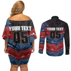 Custom Roosters Couples Matching Off Shoulder Short Dress and Long Sleeve Button Shirt Chicken Mascot With Aboriginal Indigenous