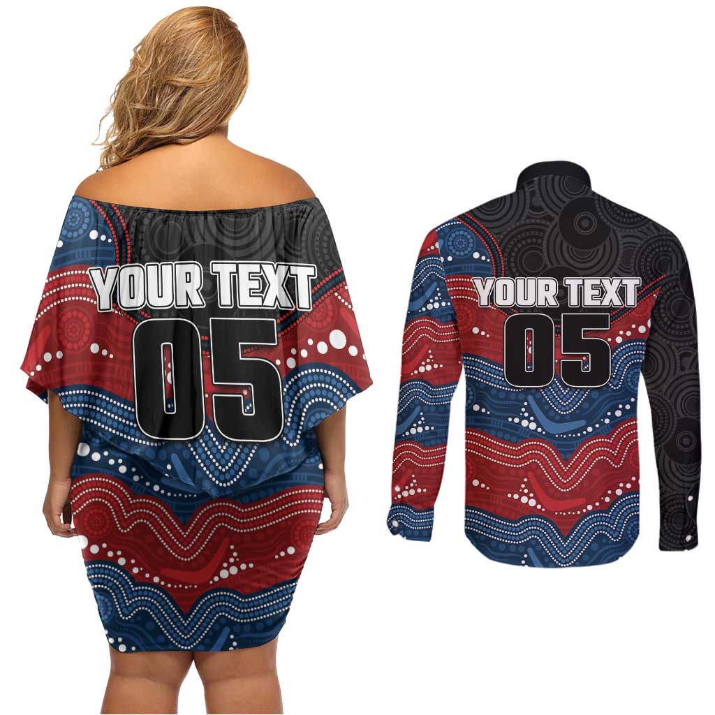 Custom Roosters Couples Matching Off Shoulder Short Dress and Long Sleeve Button Shirt Chicken Mascot With Aboriginal Indigenous