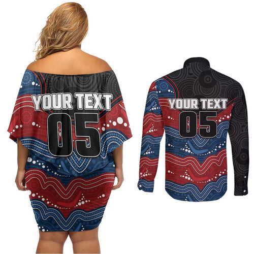 Custom Roosters Couples Matching Off Shoulder Short Dress and Long Sleeve Button Shirt Chicken Mascot With Aboriginal Indigenous