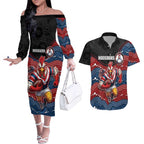 Custom Roosters Couples Matching Off The Shoulder Long Sleeve Dress and Hawaiian Shirt Chicken Mascot With Aboriginal Indigenous