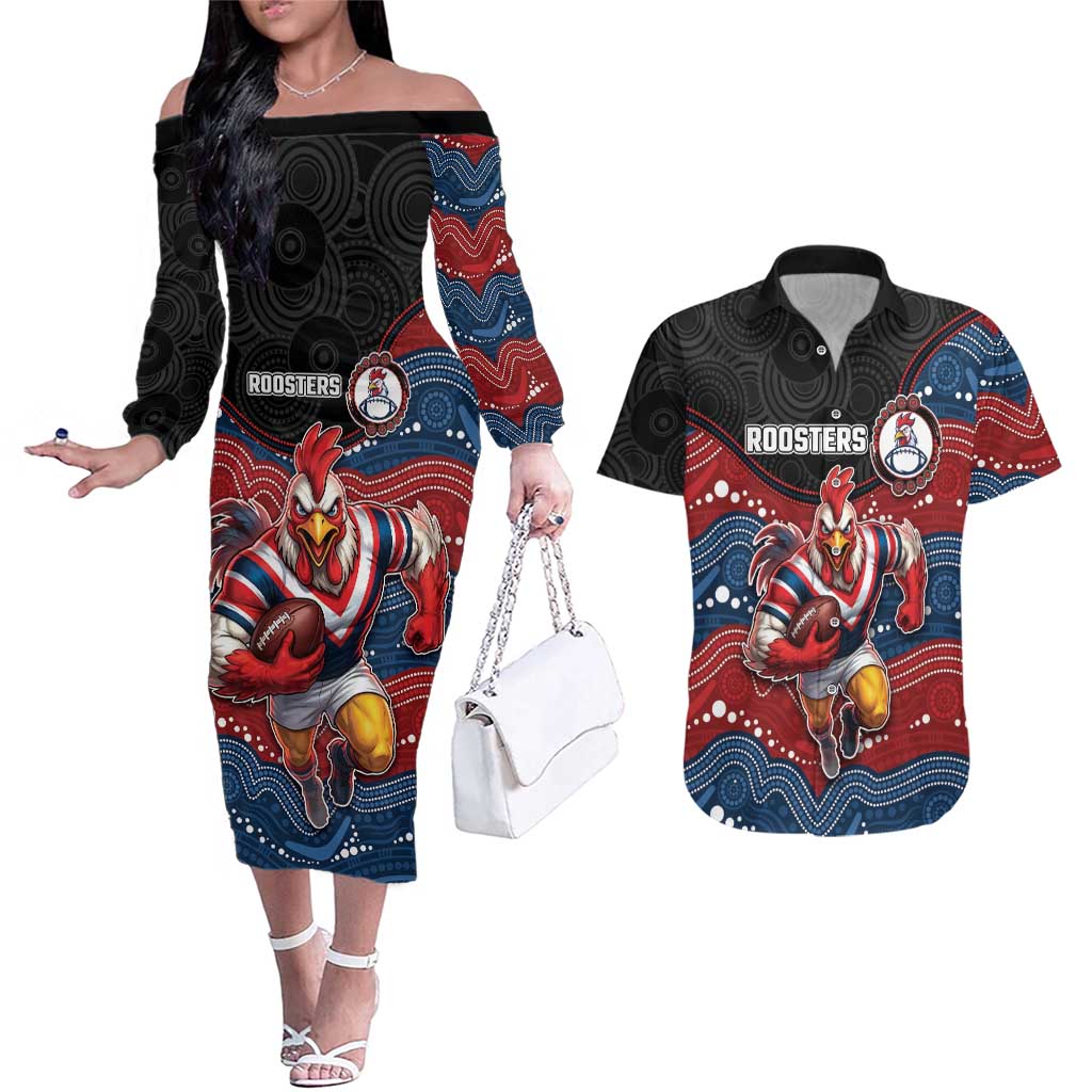 Custom Roosters Couples Matching Off The Shoulder Long Sleeve Dress and Hawaiian Shirt Chicken Mascot With Aboriginal Indigenous