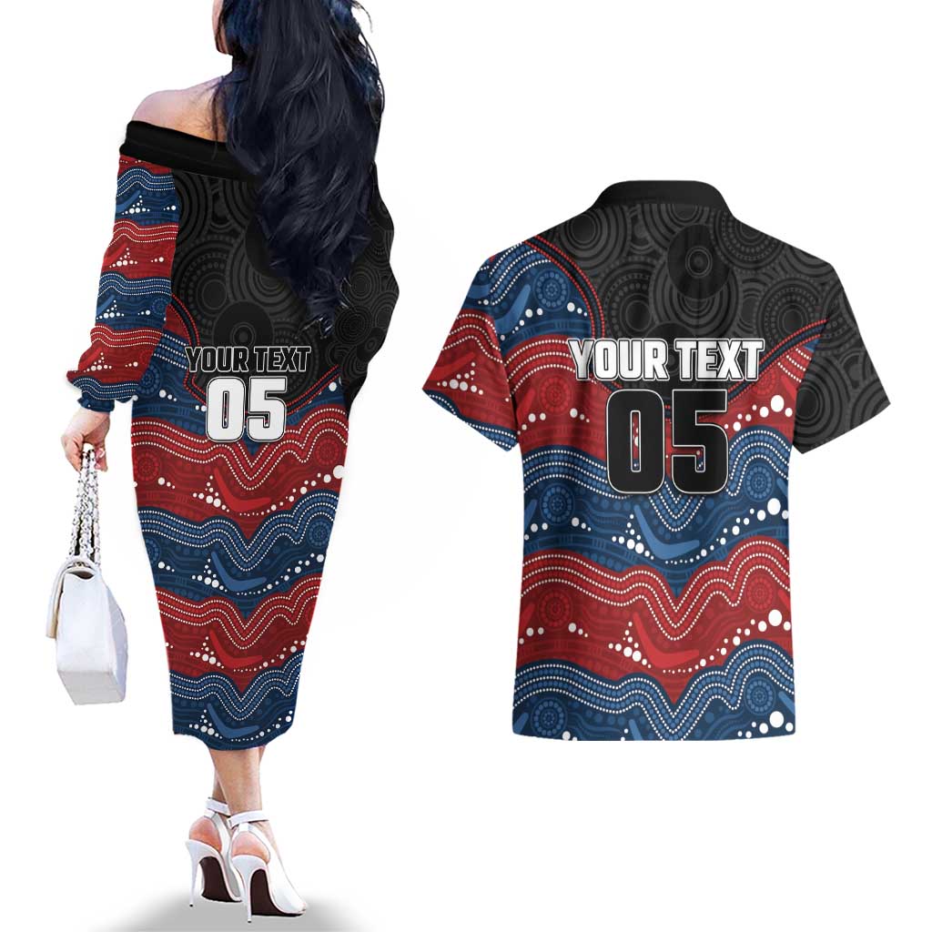 Custom Roosters Couples Matching Off The Shoulder Long Sleeve Dress and Hawaiian Shirt Chicken Mascot With Aboriginal Indigenous