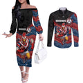 Custom Roosters Couples Matching Off The Shoulder Long Sleeve Dress and Long Sleeve Button Shirt Chicken Mascot With Aboriginal Indigenous
