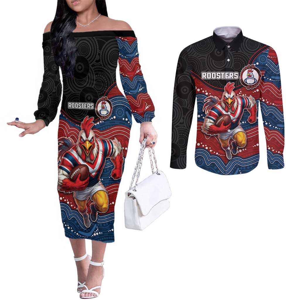 Custom Roosters Couples Matching Off The Shoulder Long Sleeve Dress and Long Sleeve Button Shirt Chicken Mascot With Aboriginal Indigenous