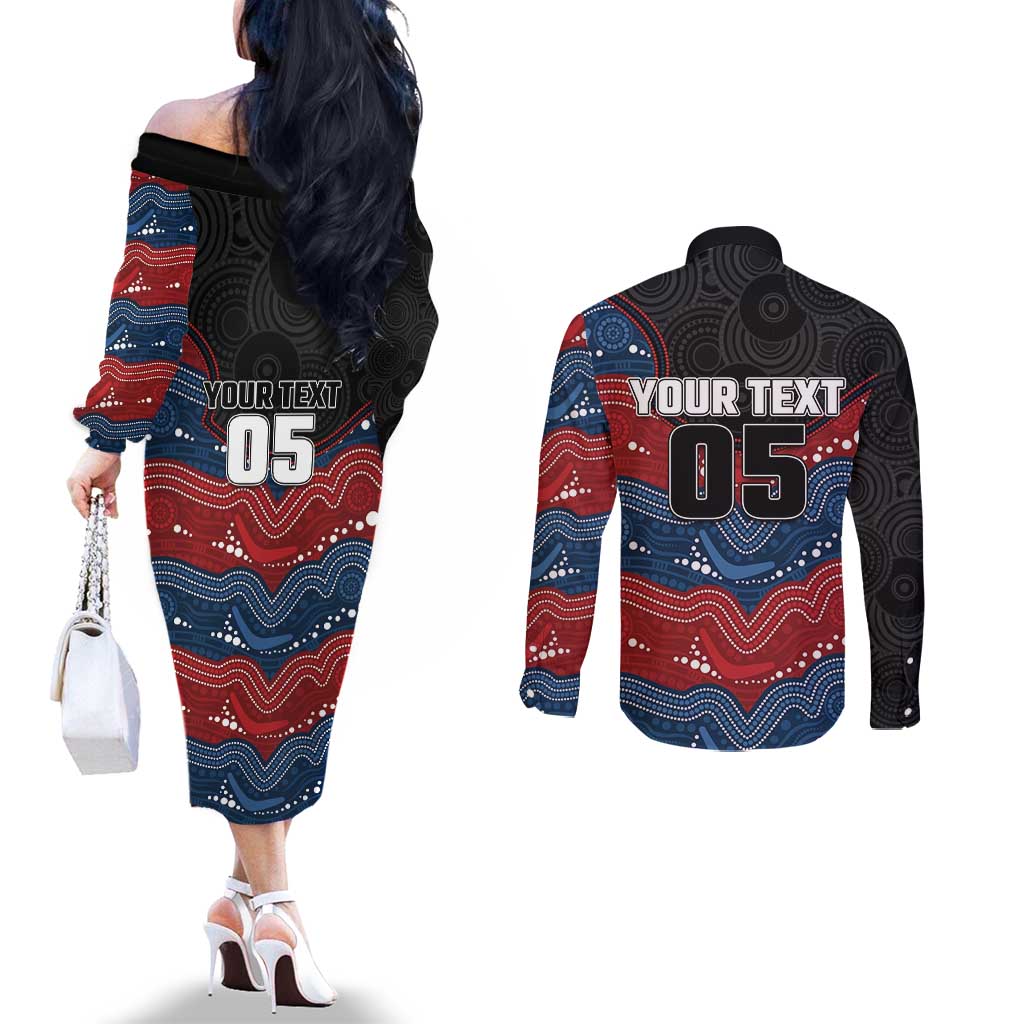 Custom Roosters Couples Matching Off The Shoulder Long Sleeve Dress and Long Sleeve Button Shirt Chicken Mascot With Aboriginal Indigenous